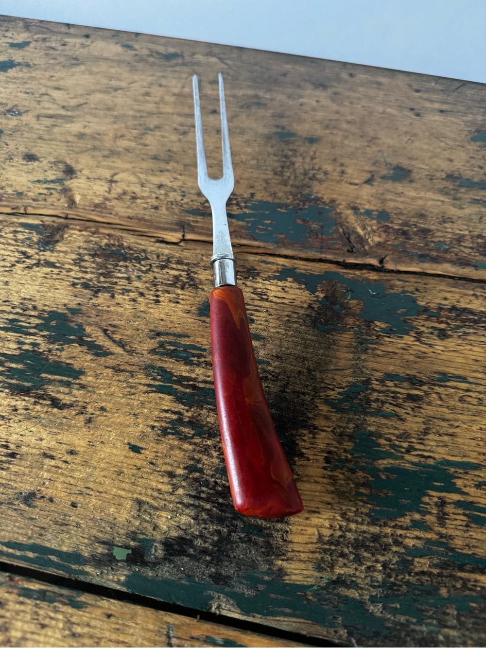Swirled Red Resin/Bakelite Carving Fork with Polished Prongs